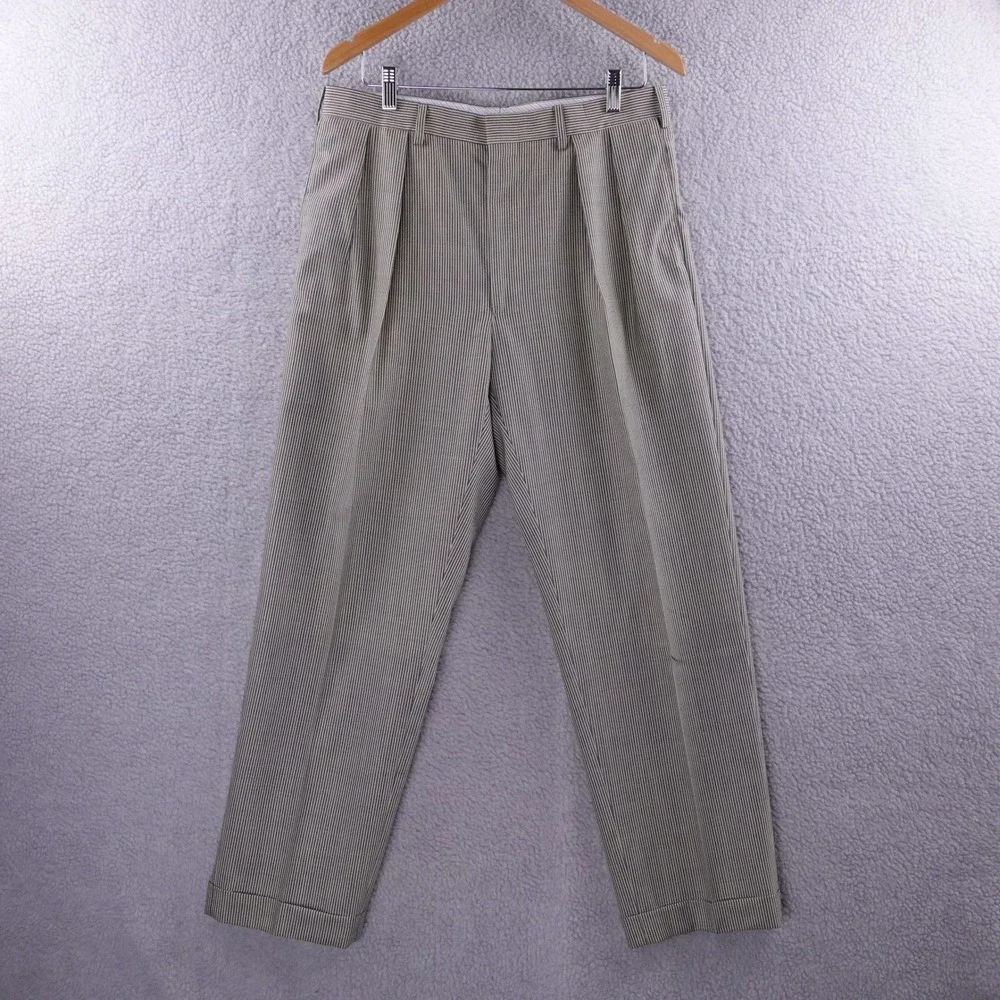 Samuelsohn Men 35 Reg Blue Striped Wool Pleated Cuffed Pants Italy fits 34x32 US